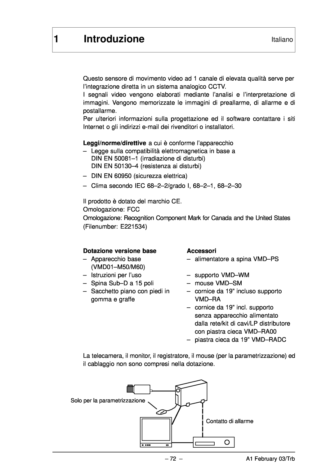 Bosch Appliances VMD01 M60 NTSC, VMD01 M50 PAL manual Introduzione, Italiano, Dotazione versione base, Accessori 