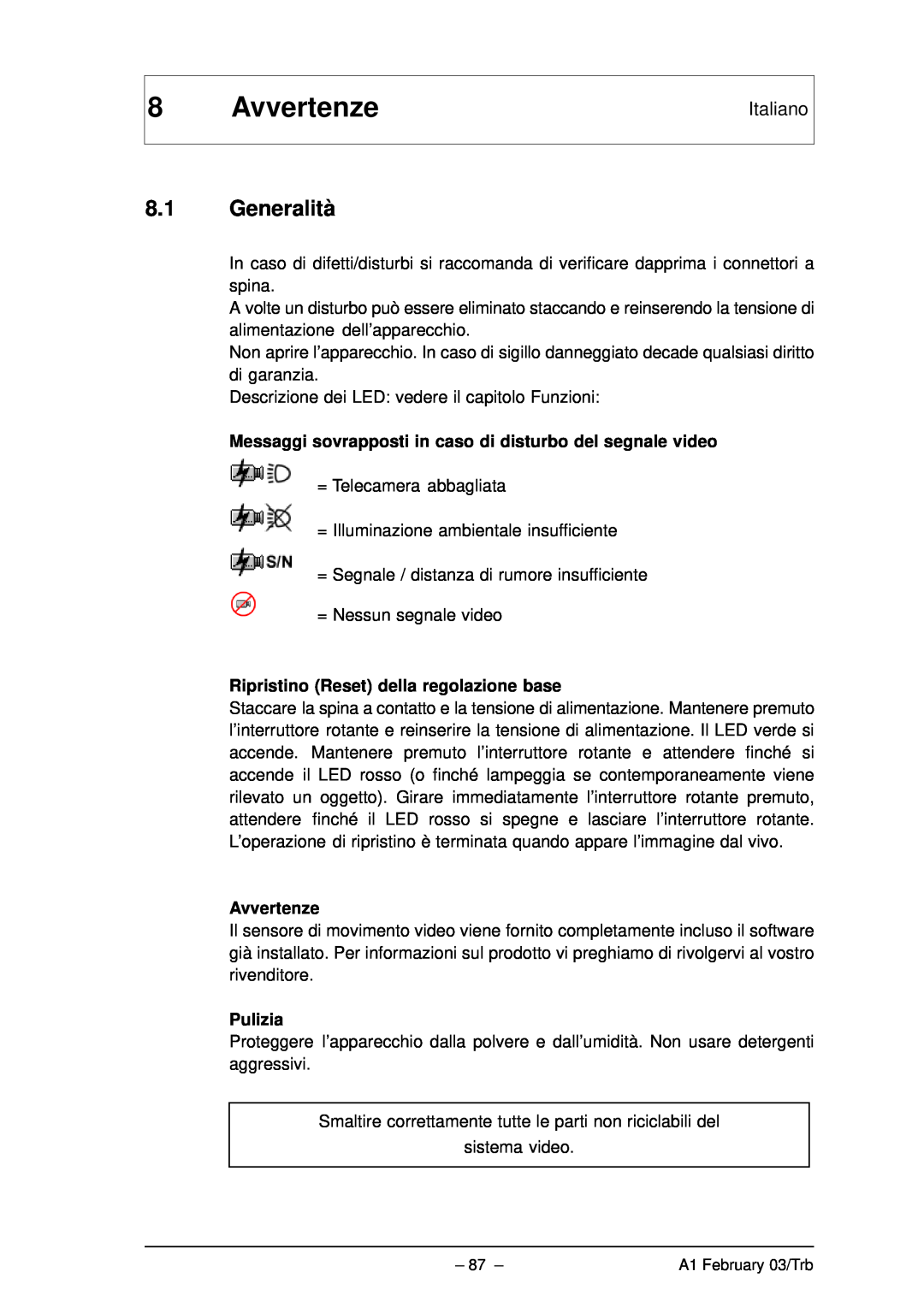 Bosch Appliances VMD01 M50 PAL manual Avvertenze, 8.1Generalità, Italiano, Ripristino Reset della regolazione base, Pulizia 