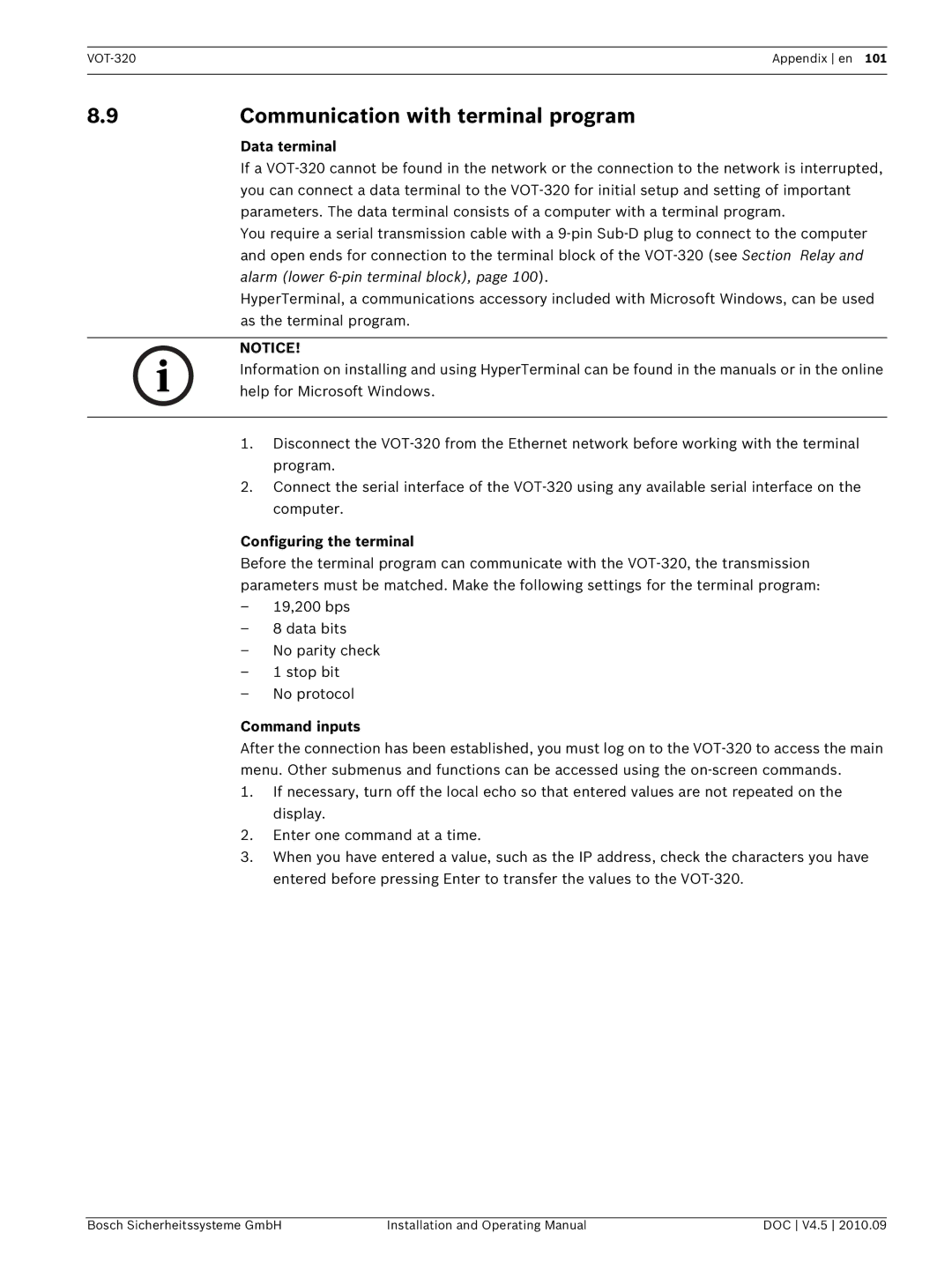 Bosch Appliances VOT-320 Communication with terminal program, Data terminal, Configuring the terminal, Command inputs 