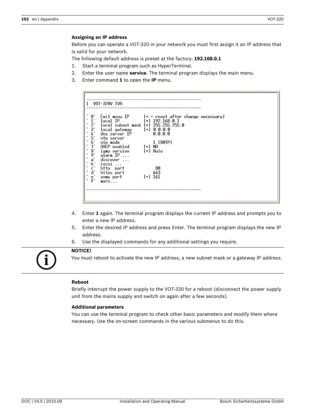 Bosch Appliances VOT-320 manual Assigning an IP address, Reboot 