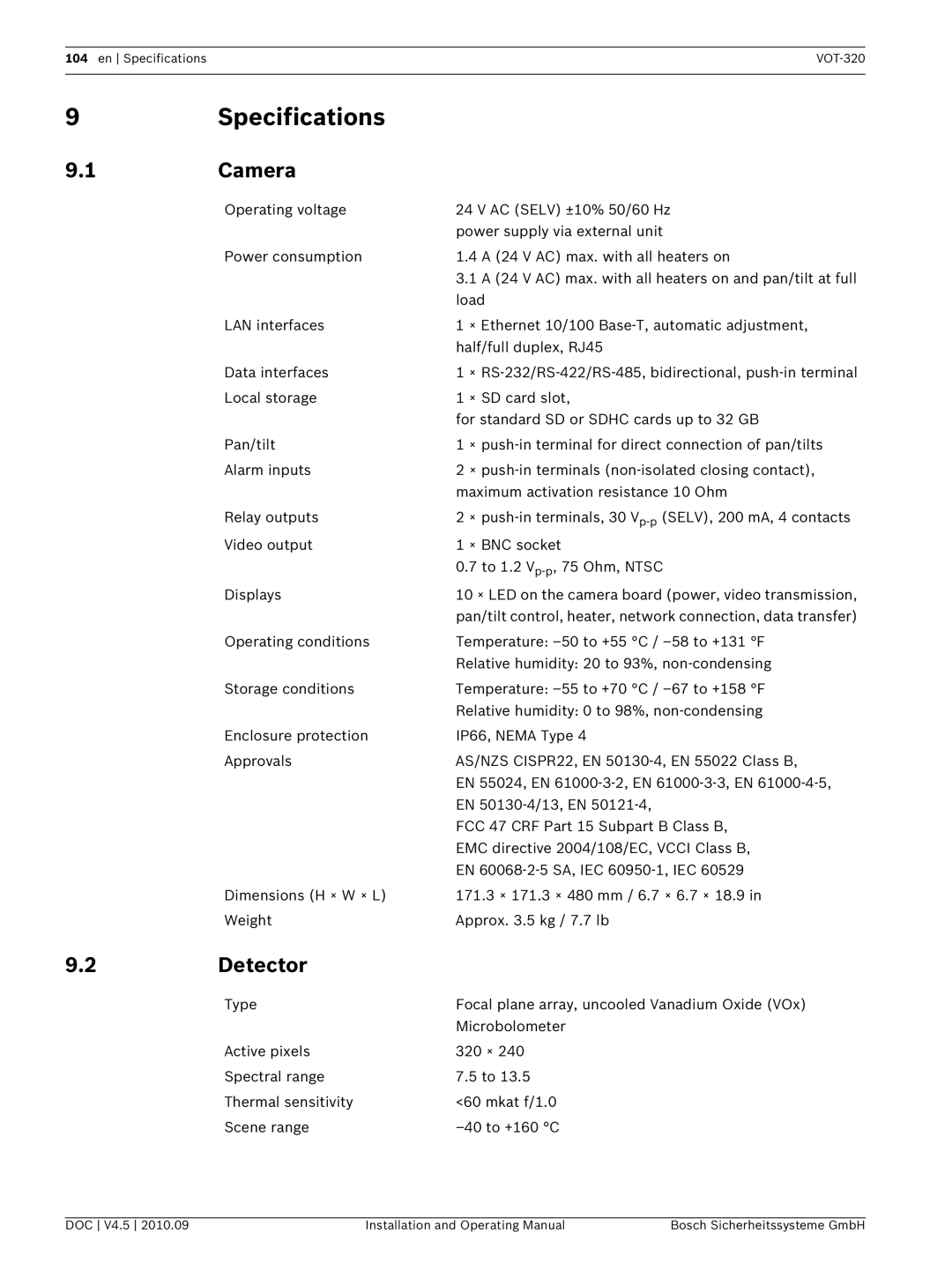 Bosch Appliances VOT-320 manual Specifications, Camera, Detector 