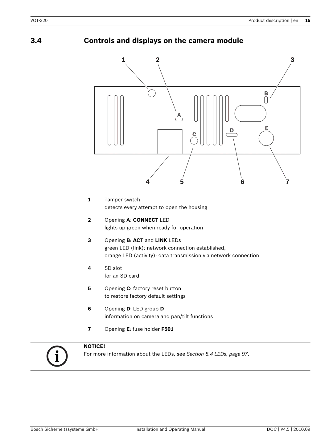 Bosch Appliances VOT-320 manual Controls and displays on the camera module 