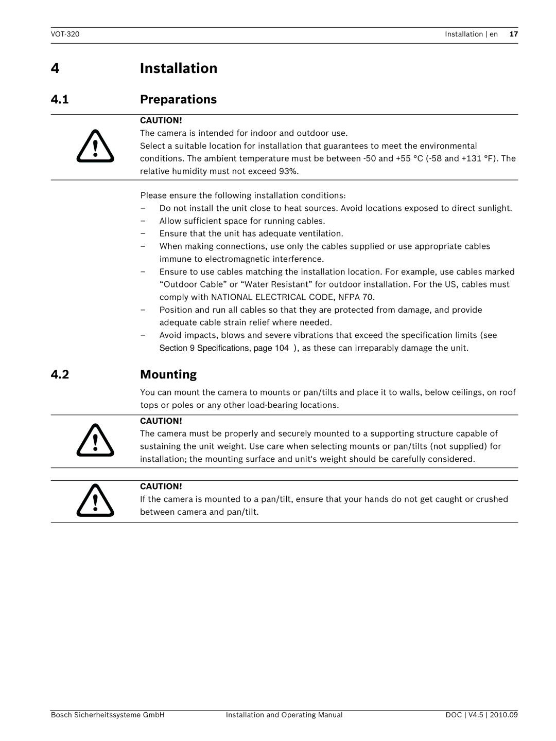 Bosch Appliances VOT-320 manual 4Installation, 1Preparations, 2Mounting 