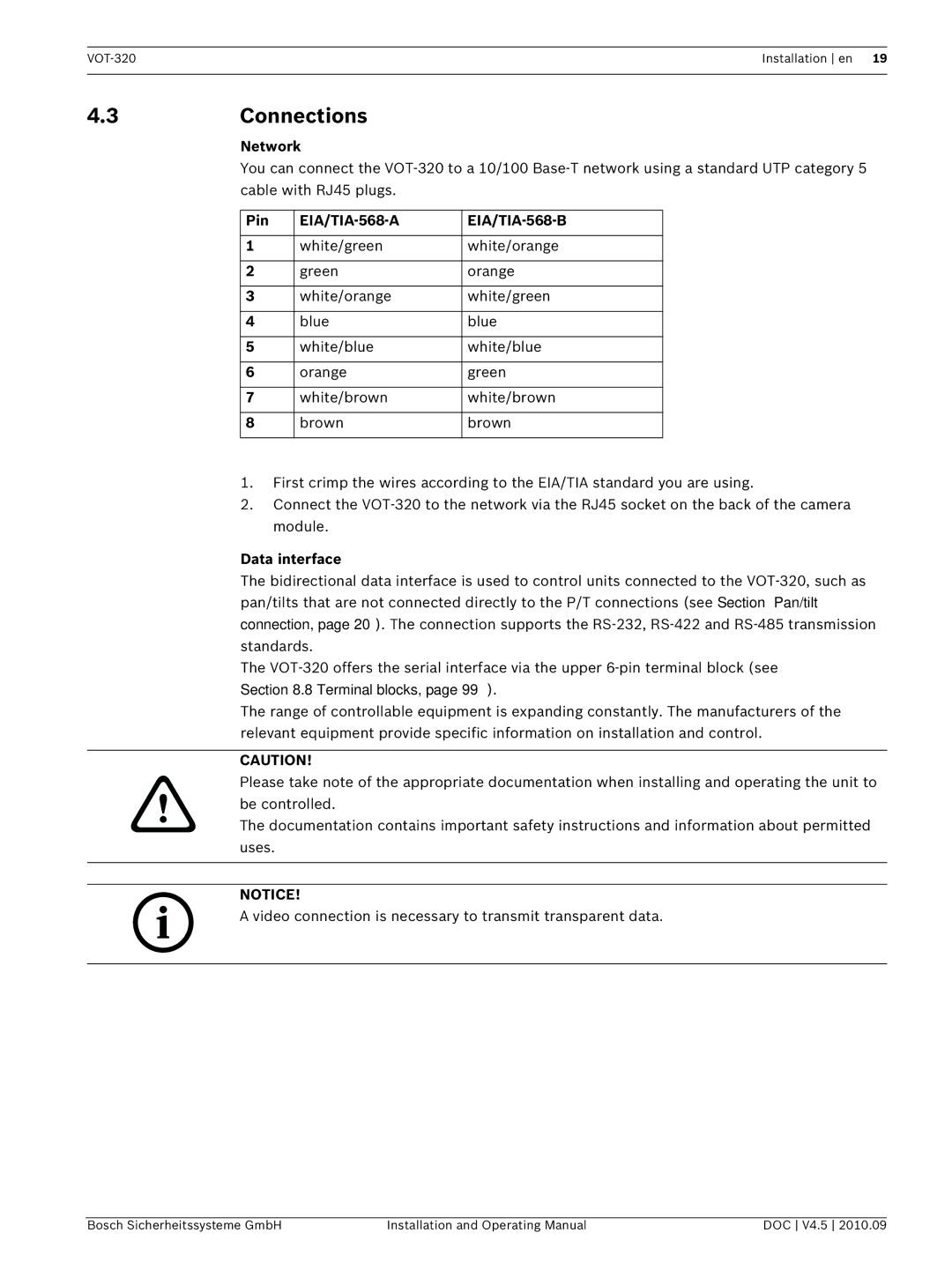 Bosch Appliances VOT-320 manual 3Connections, Network, Pin EIA/TIA-568-A EIA/TIA-568-B, Data interface 