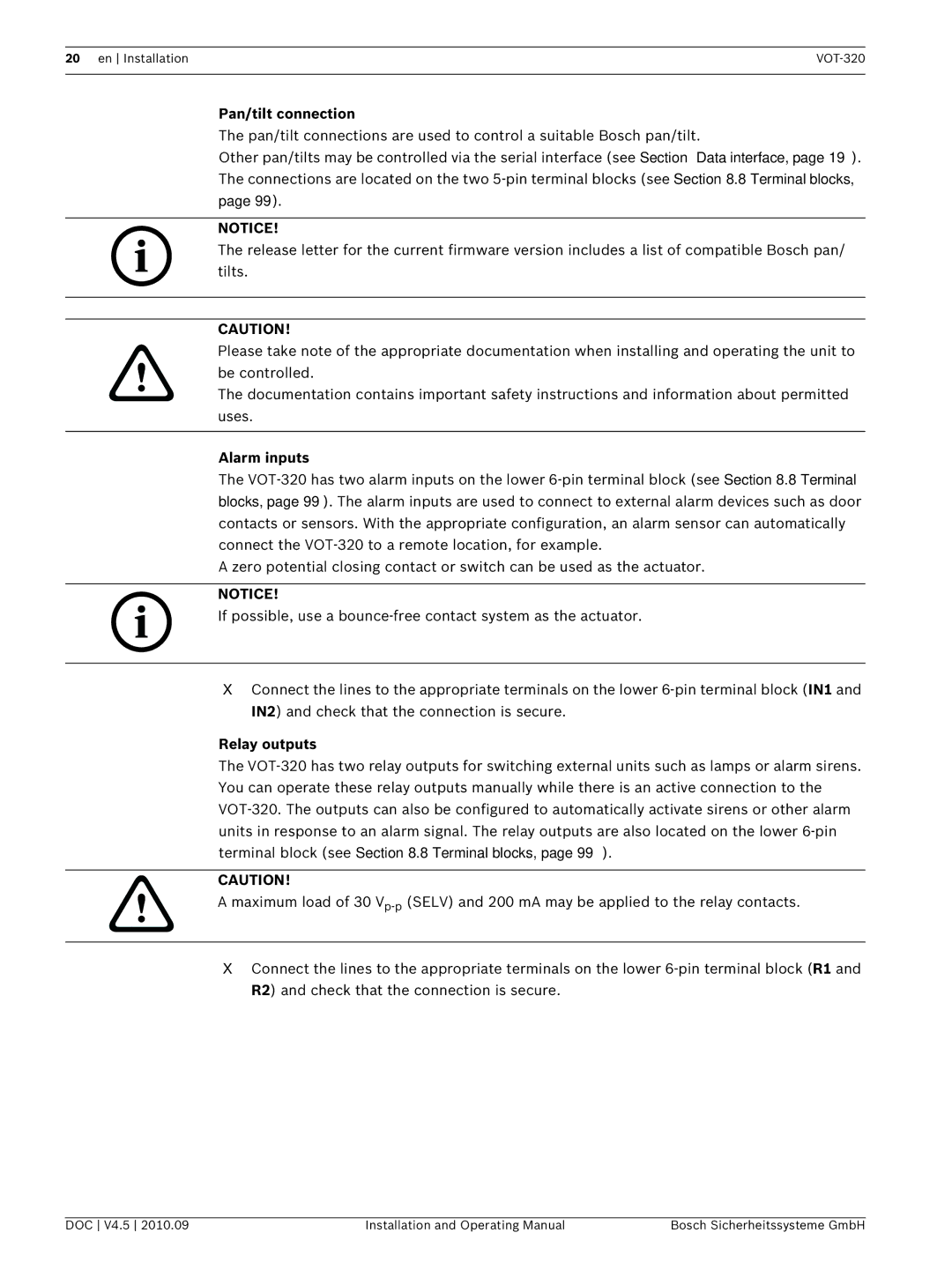 Bosch Appliances VOT-320 manual Pan/tilt connection, Alarm inputs, Relay outputs 