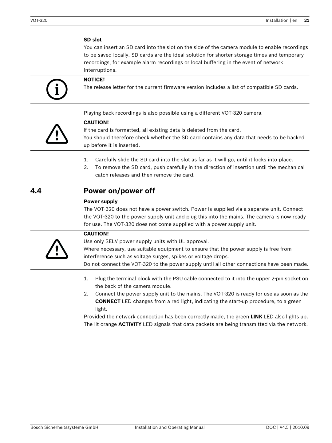 Bosch Appliances VOT-320 manual 4Power on/power off, SD slot, Power supply 