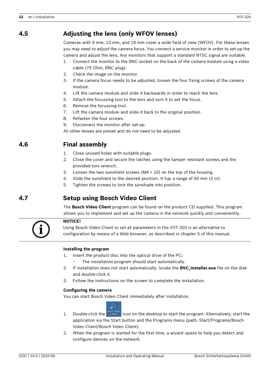 Bosch Appliances VOT-320 manual Adjusting the lens only Wfov lenses, Final assembly, 7Setup using Bosch Video Client 