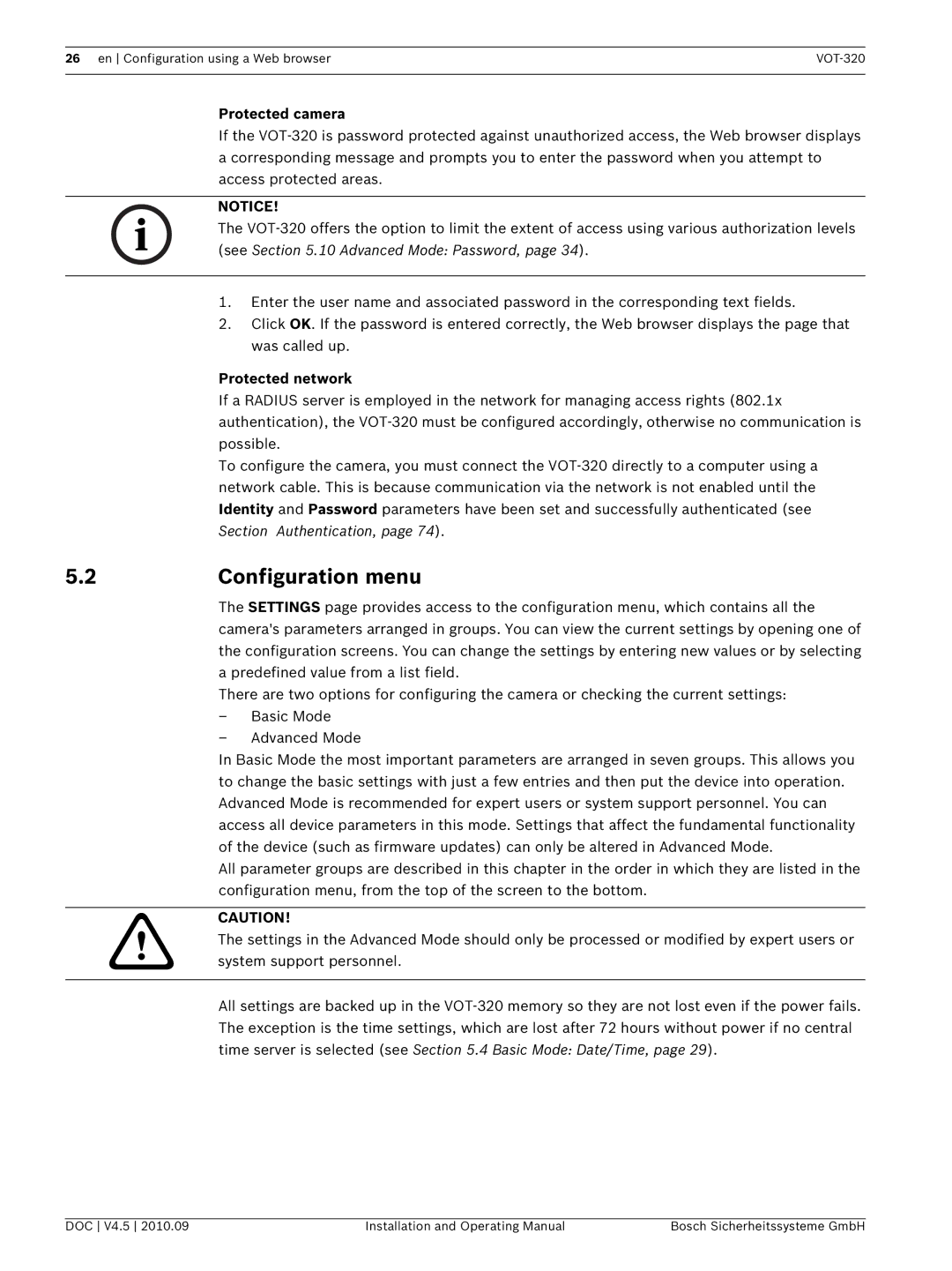 Bosch Appliances VOT-320 manual Configuration menu, Protected camera, Protected network 