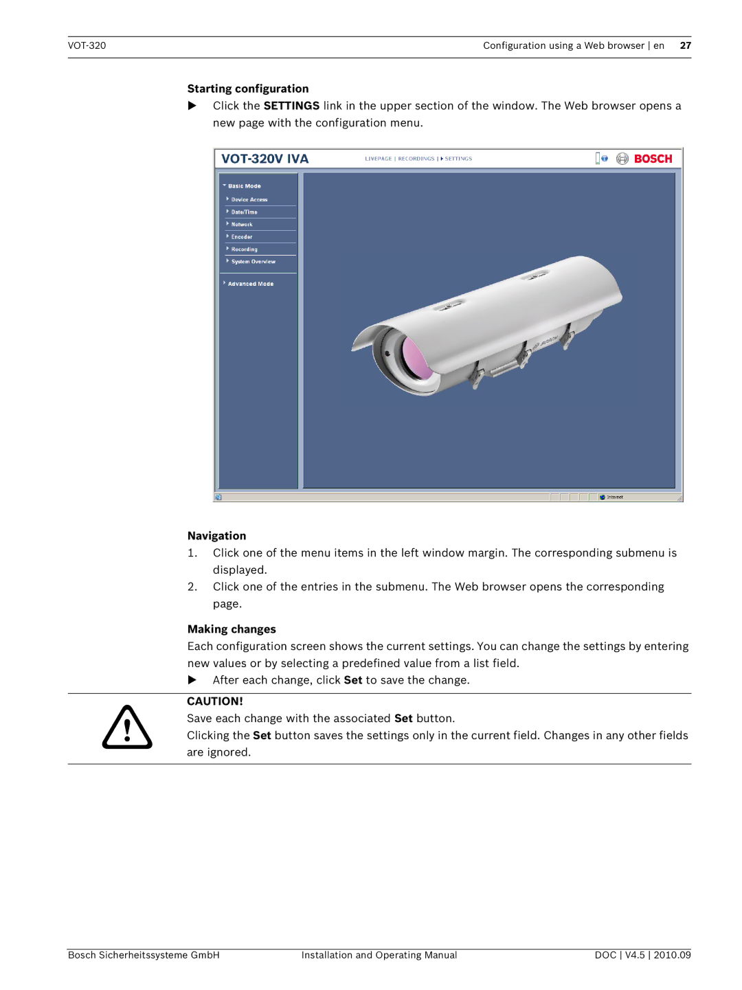 Bosch Appliances VOT-320 manual Starting configuration, Navigation, Making changes 