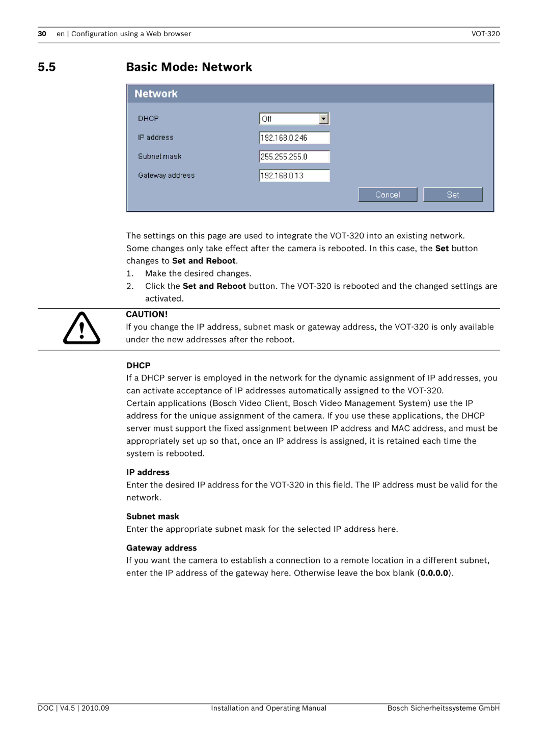 Bosch Appliances VOT-320 manual Basic Mode Network, IP address, Subnet mask, Gateway address 