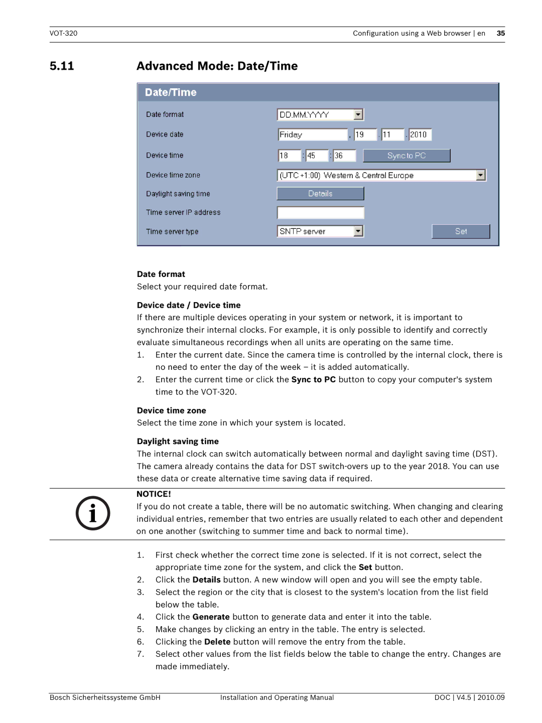 Bosch Appliances VOT-320 manual Advanced Mode Date/Time, Date format, Device date / Device time, Device time zone 