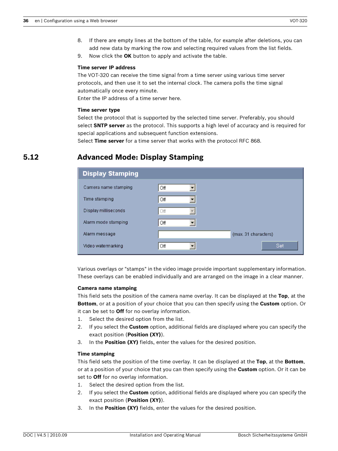 Bosch Appliances VOT-320 manual Advanced Mode Display Stamping, Camera name stamping, Time stamping 