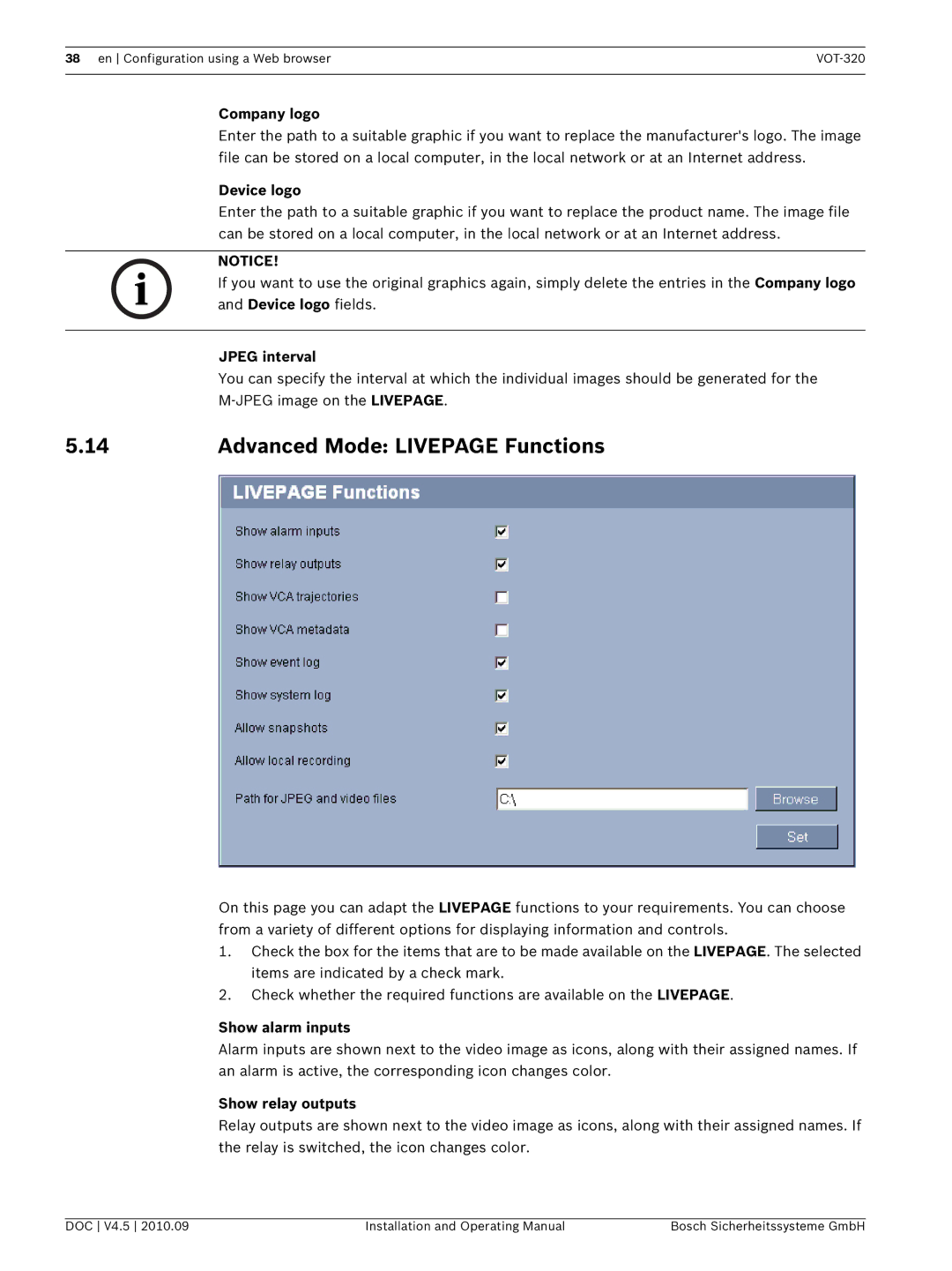 Bosch Appliances VOT-320 manual Advanced Mode Livepage Functions 