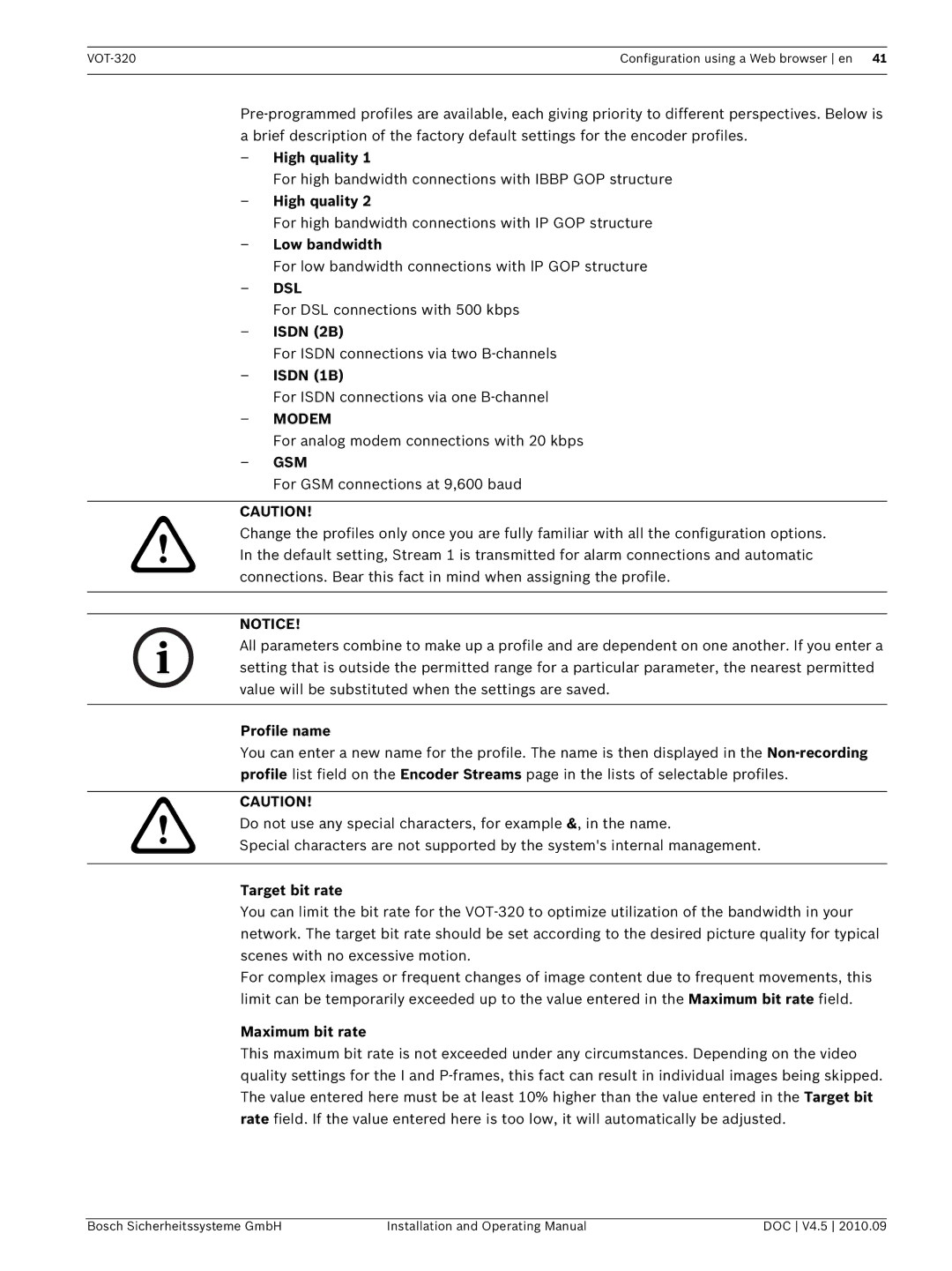 Bosch Appliances VOT-320 manual Profile name, Target bit rate, Maximum bit rate 