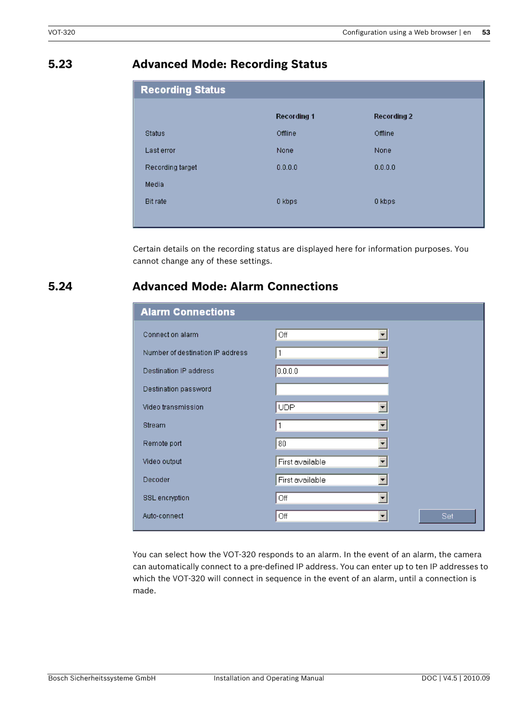 Bosch Appliances VOT-320 manual Advanced Mode Recording Status, Advanced Mode Alarm Connections 