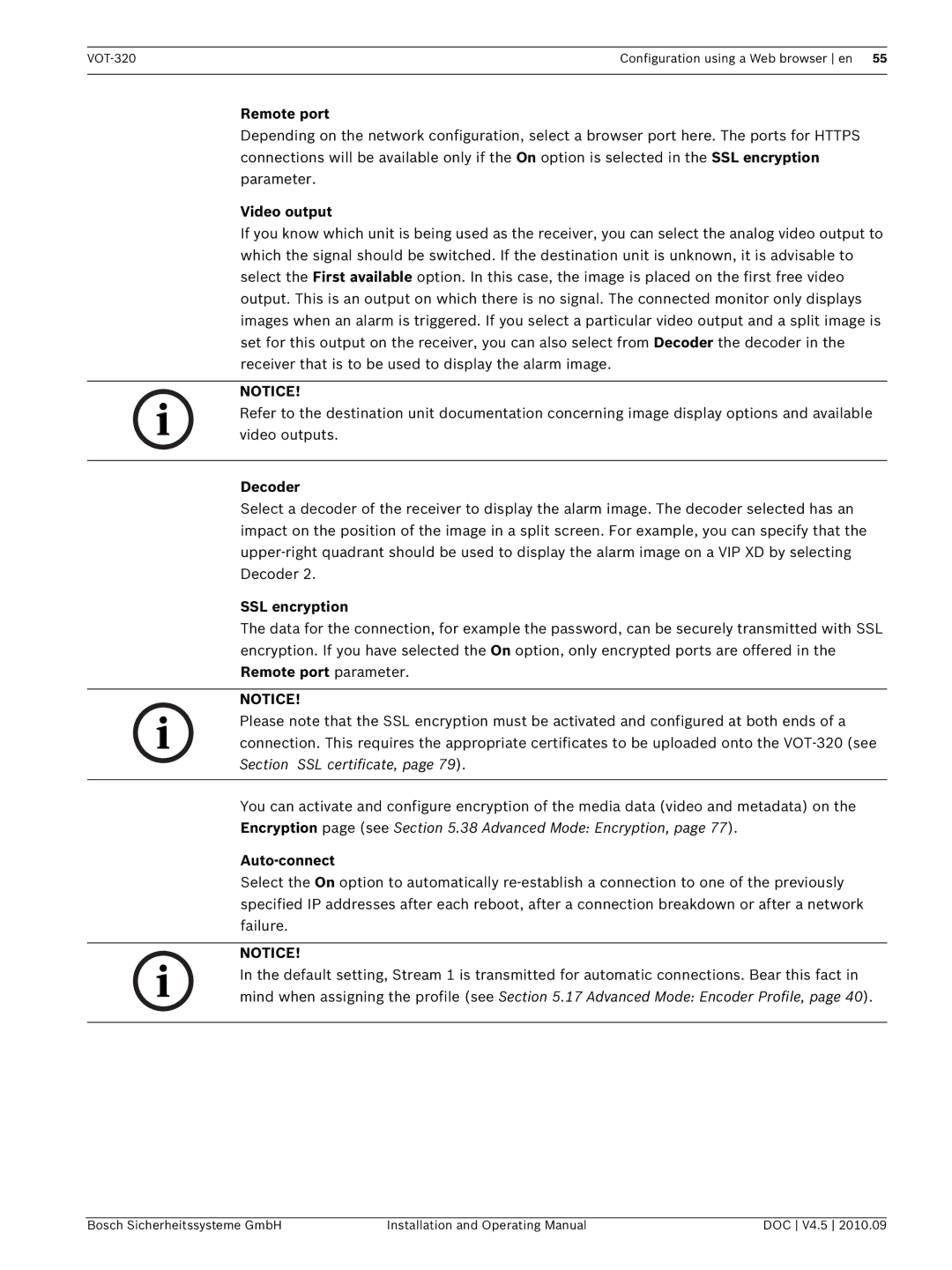 Bosch Appliances VOT-320 manual Remote port, Video output, Decoder, SSL encryption, Auto-connect 