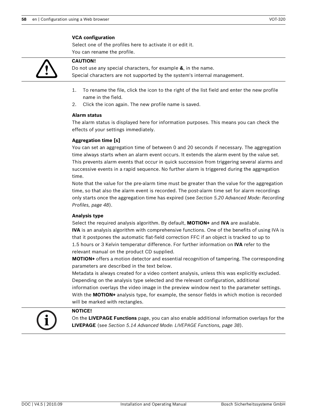 Bosch Appliances VOT-320 manual VCA configuration, Alarm status, Aggregation time s, Analysis type 