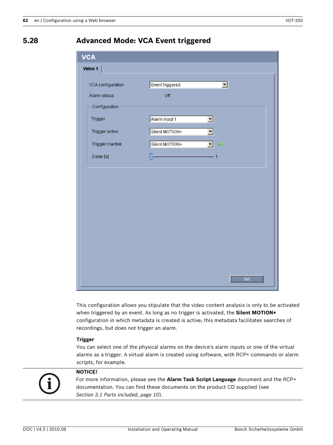 Bosch Appliances VOT-320 manual Advanced Mode VCA Event triggered, Trigger 