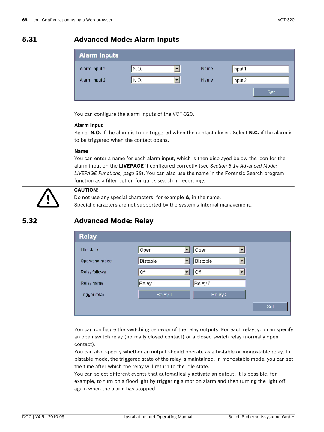 Bosch Appliances VOT-320 manual Advanced Mode Alarm Inputs, Advanced Mode Relay, Alarm input, Name 