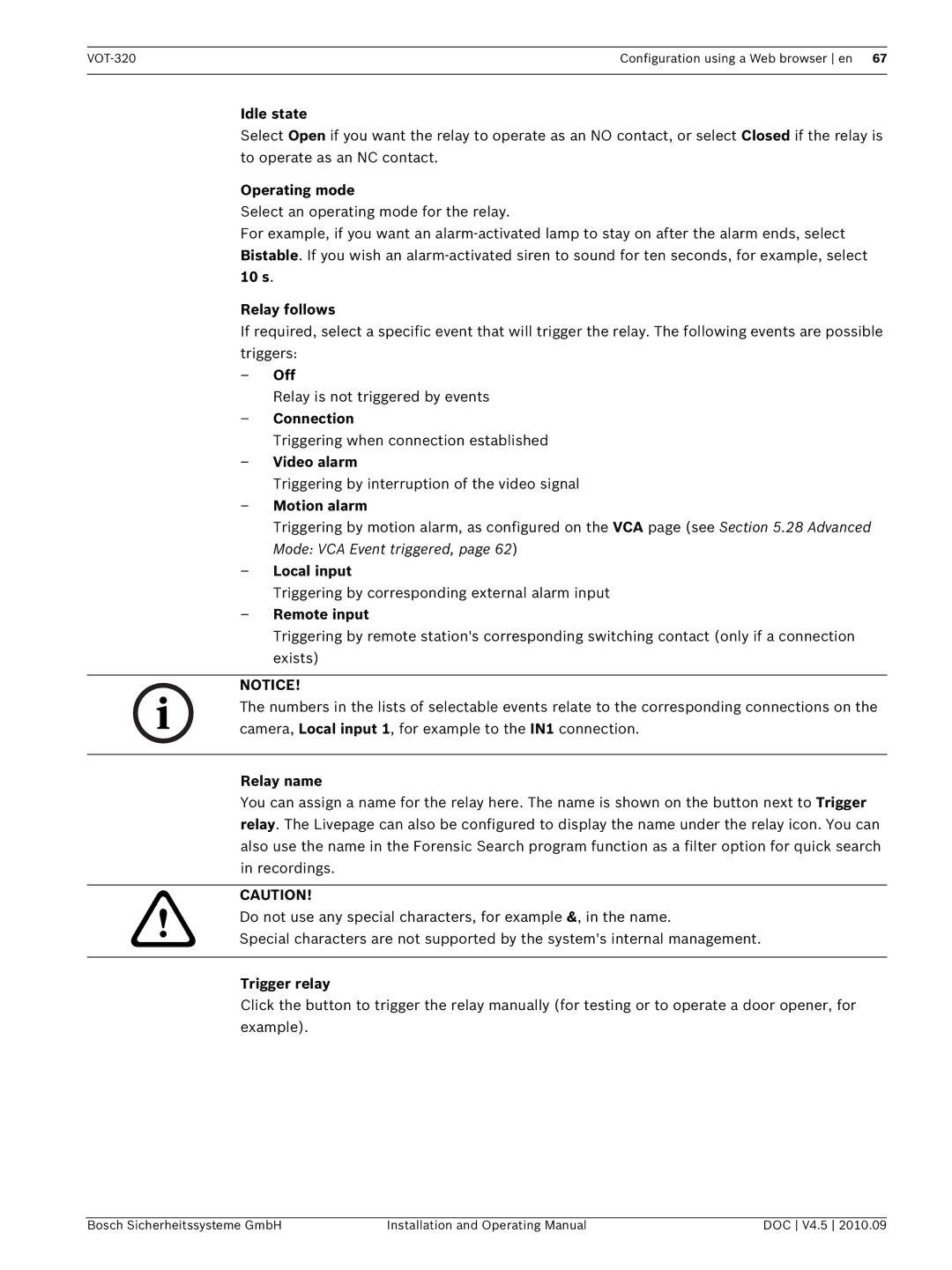 Bosch Appliances VOT-320 manual Idle state, Operating mode, s Relay follows, Off, Connection, Video alarm, Motion alarm 