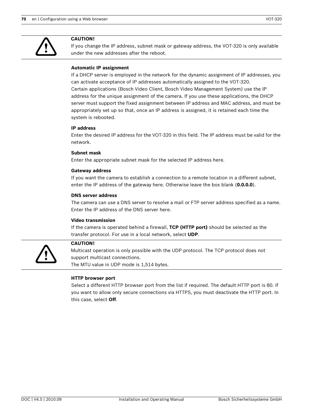 Bosch Appliances VOT-320 manual Automatic IP assignment, DNS server address, Http browser port 