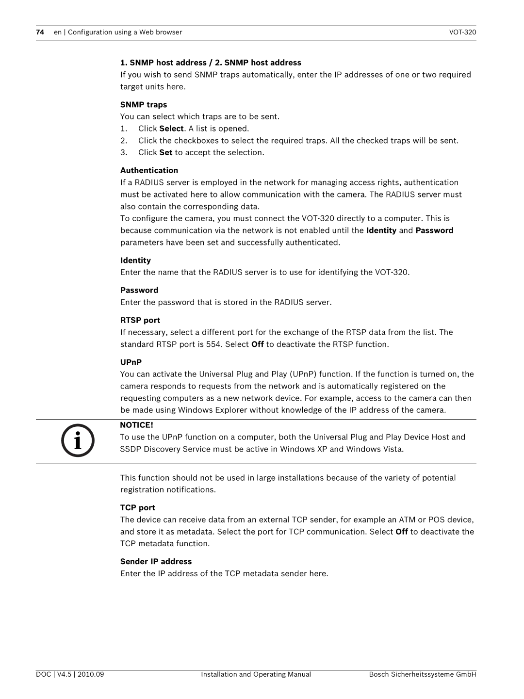 Bosch Appliances VOT-320 Snmp host address / 2. Snmp host address, Snmp traps, Authentication, Identity, Rtsp port, UPnP 