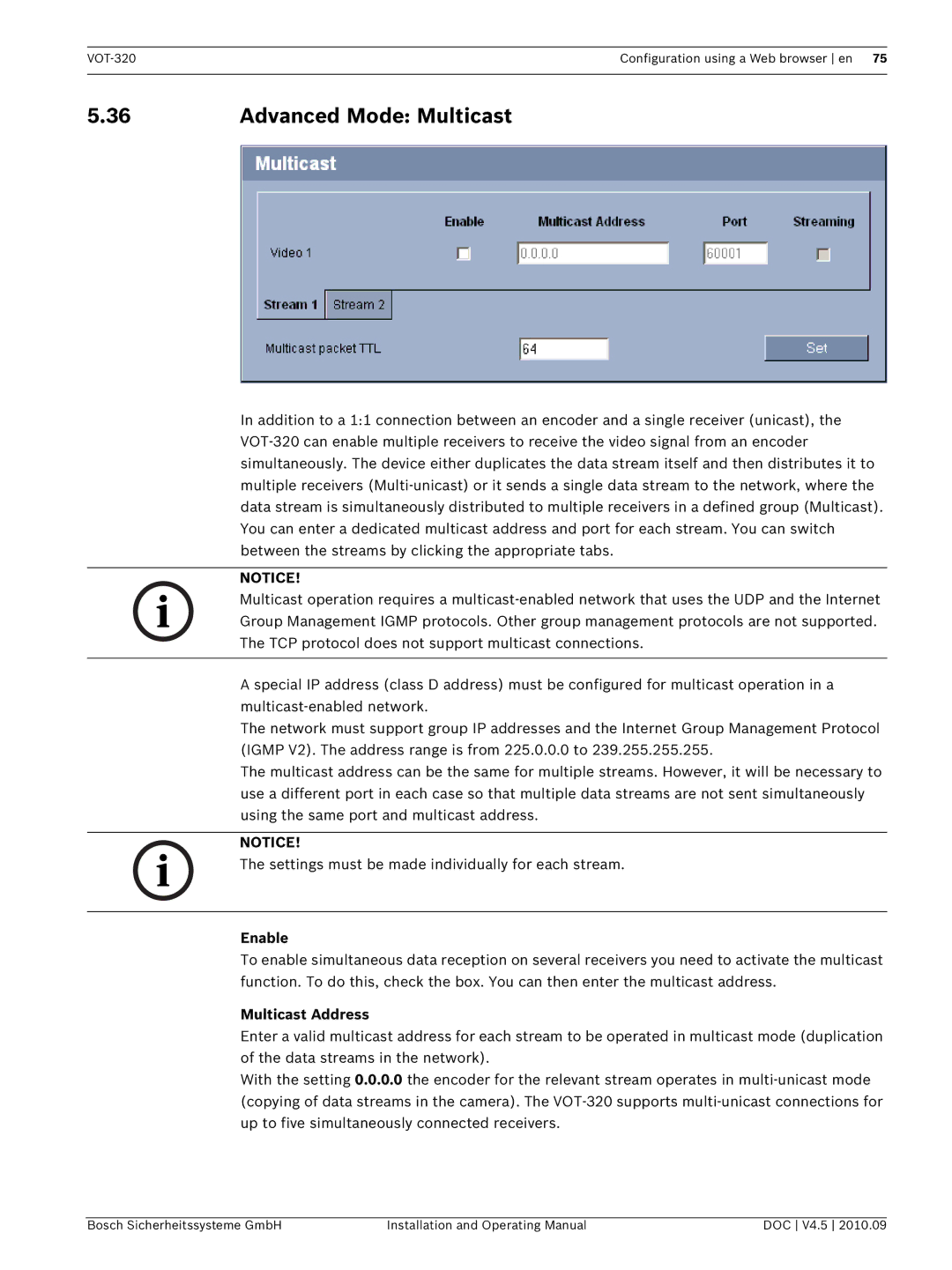 Bosch Appliances VOT-320 manual Advanced Mode Multicast, Enable, Multicast Address 