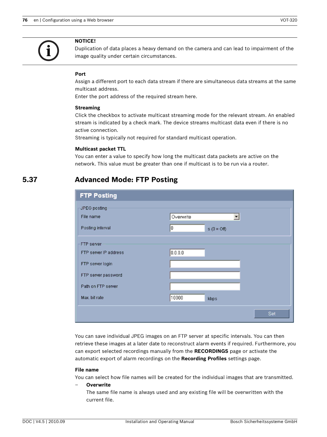 Bosch Appliances VOT-320 manual Advanced Mode FTP Posting 