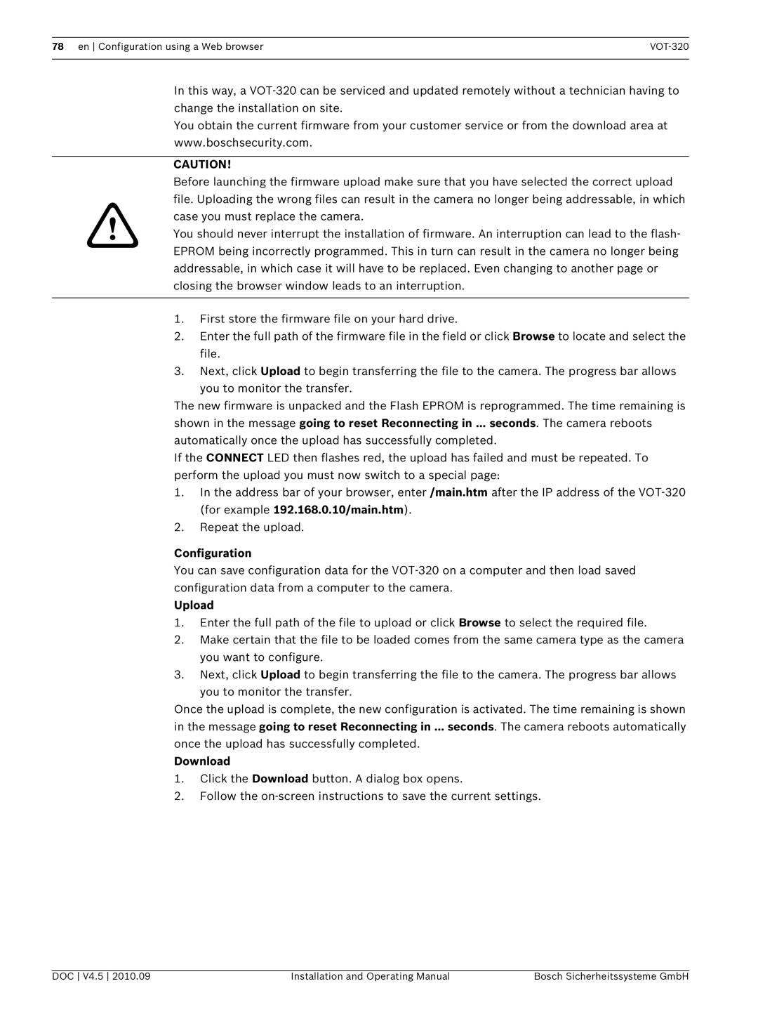 Bosch Appliances VOT-320 manual Configuration, Upload, Download 