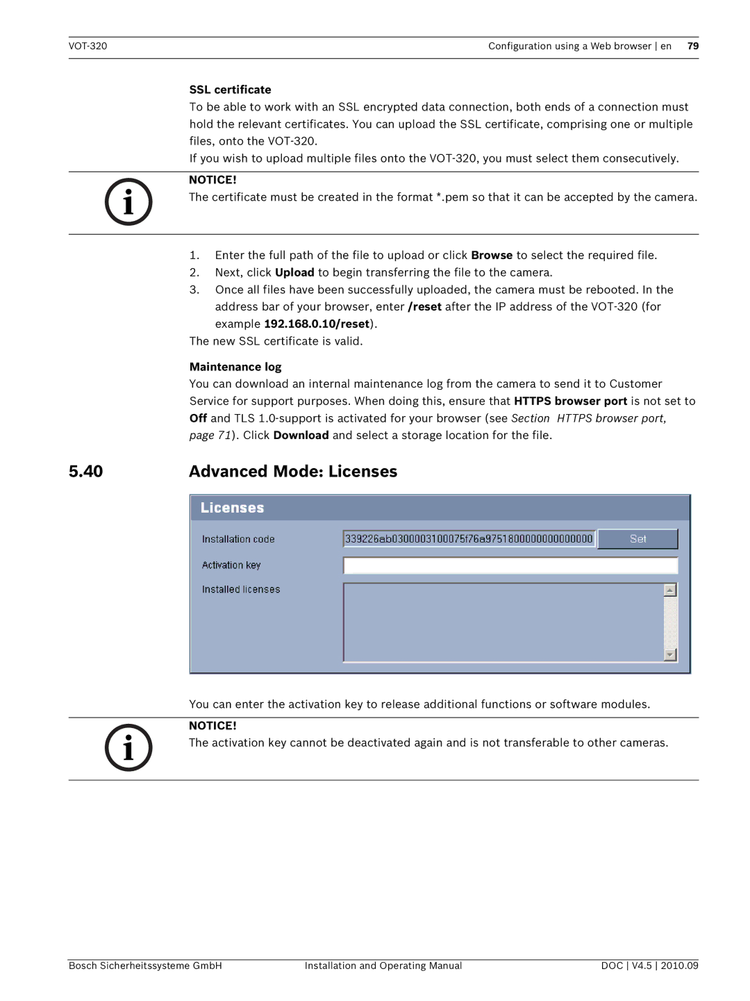 Bosch Appliances VOT-320 manual Advanced Mode Licenses, SSL certificate, Maintenance log 