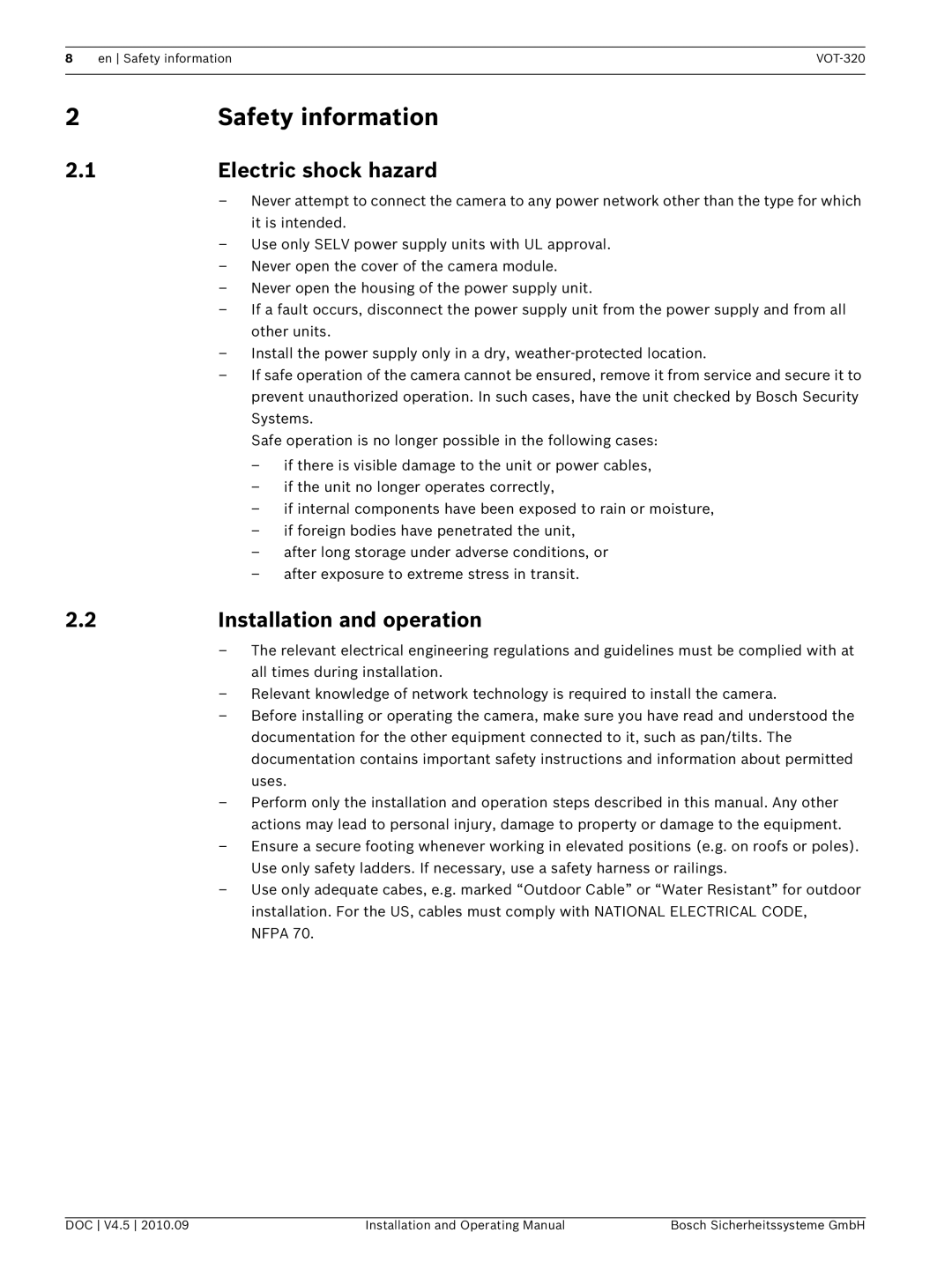 Bosch Appliances VOT-320 manual Safety information, Electric shock hazard, Installation and operation 