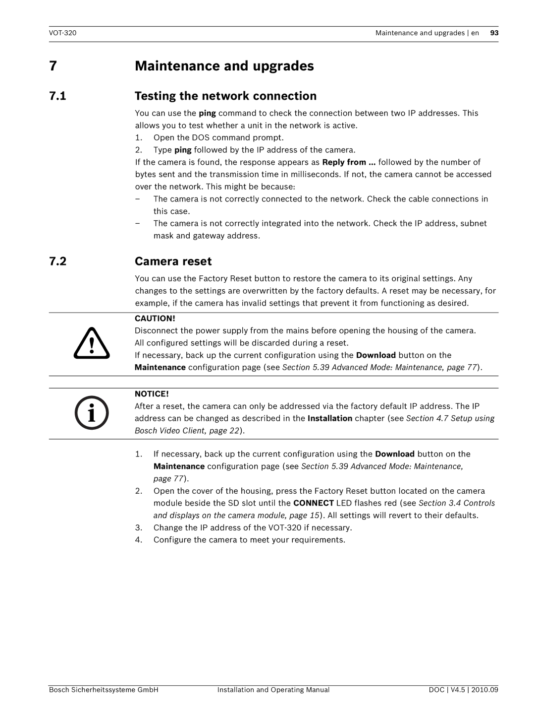 Bosch Appliances VOT-320 manual Maintenance and upgrades, Testing the network connection, Camera reset 