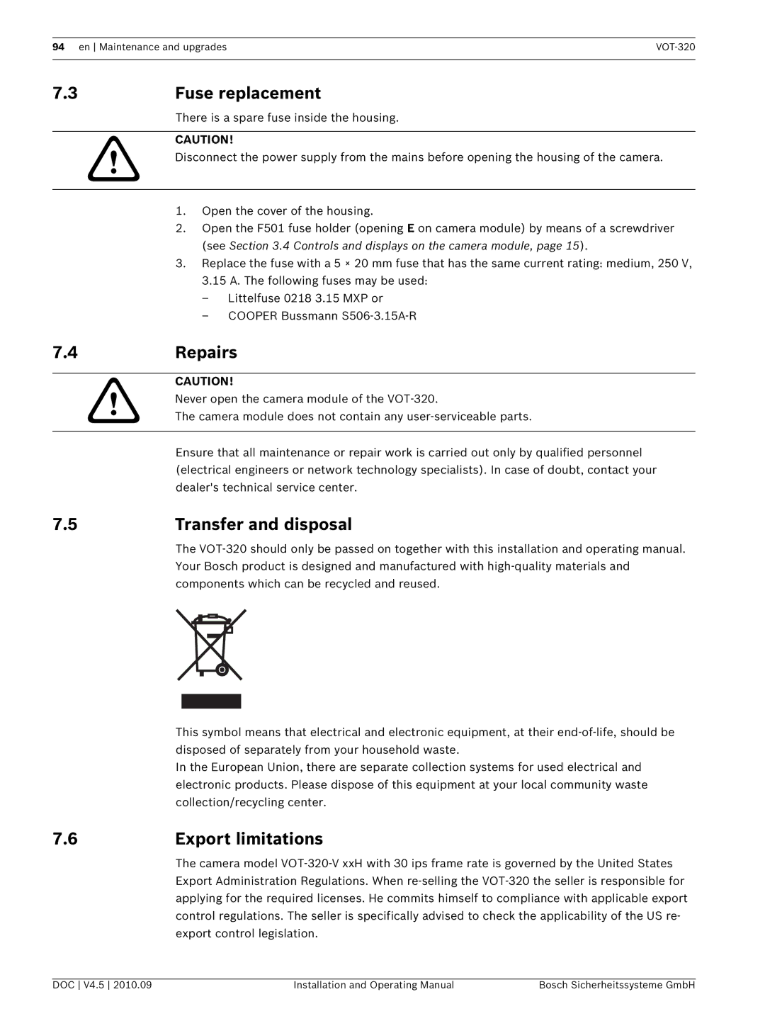 Bosch Appliances VOT-320 manual 3Fuse replacement, Repairs, Transfer and disposal, Export limitations 