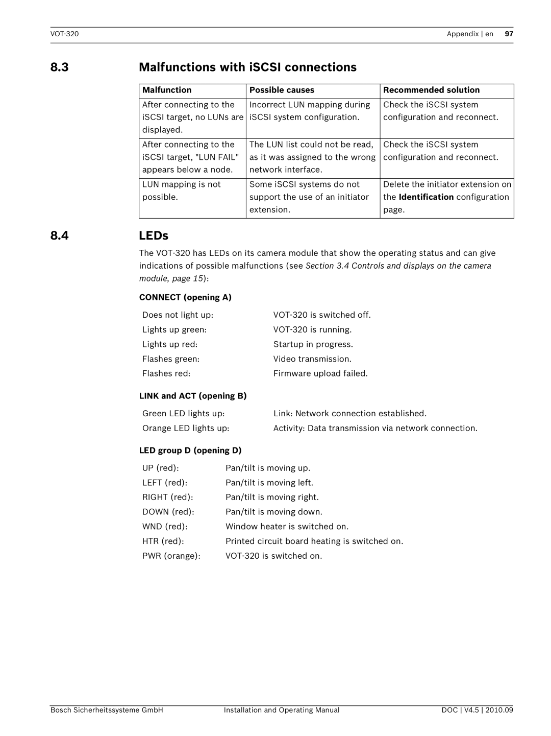 Bosch Appliances VOT-320 manual Malfunctions with iSCSI connections, 4LEDs, Connect opening a, Link and ACT opening B 