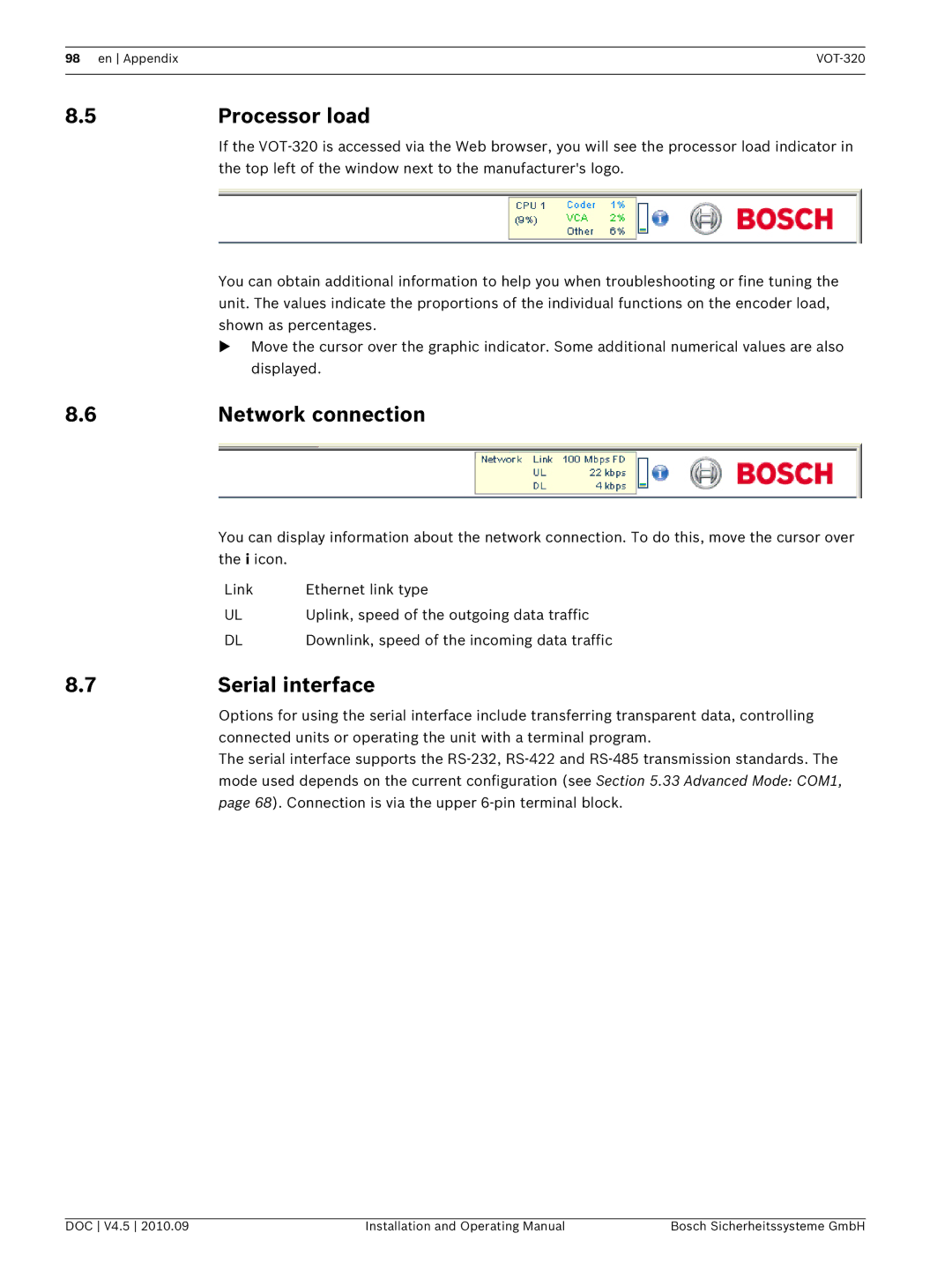 Bosch Appliances VOT-320 manual 5Processor load, Network connection, 7Serial interface 