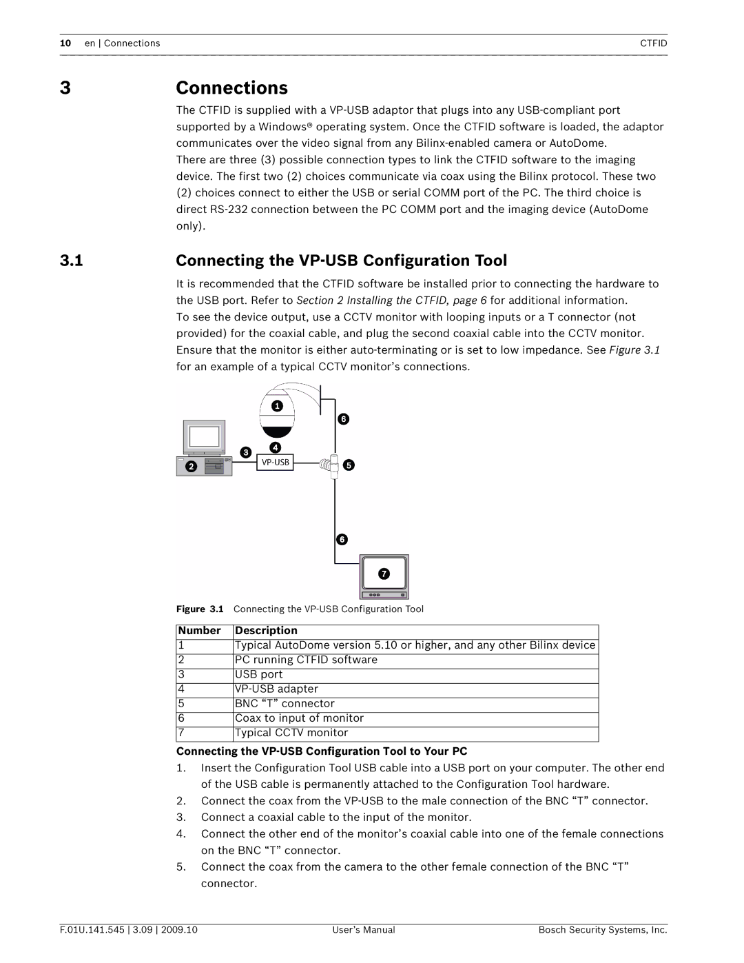 Bosch Appliances VP-CFGSFT user manual 3Connections, 1Connecting the VP-USB Configuration Tool, Number Description 