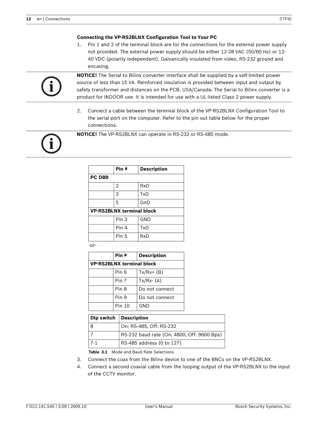 Bosch Appliances VP-CFGSFT user manual Connecting the VP-RS2BLNX Configuration Tool to Your PC, Pin # Description 