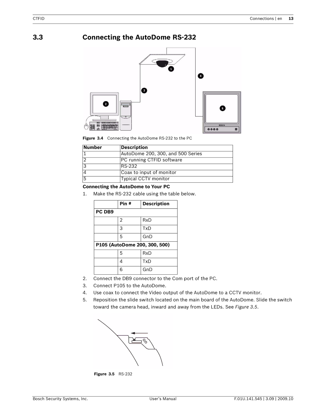 Bosch Appliances VP-CFGSFT Connecting the AutoDome RS-232, Connecting the AutoDome to Your PC, P105 AutoDome 200, 300 