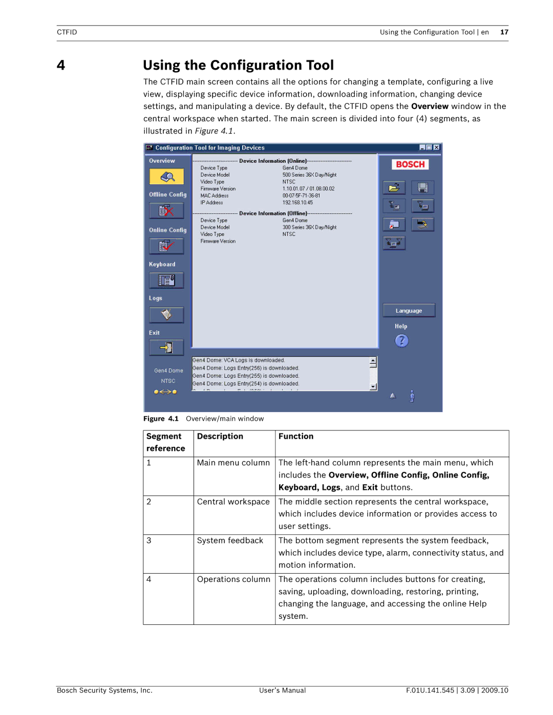 Bosch Appliances VP-CFGSFT user manual 4Using the Configuration Tool, Segment Description Function Reference 