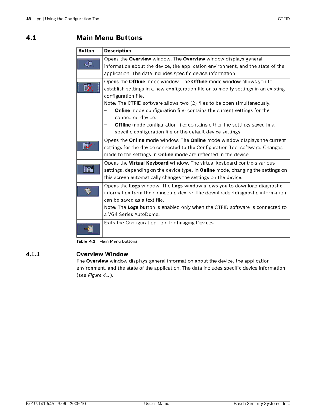 Bosch Appliances VP-CFGSFT user manual Main Menu Buttons, Button Description 