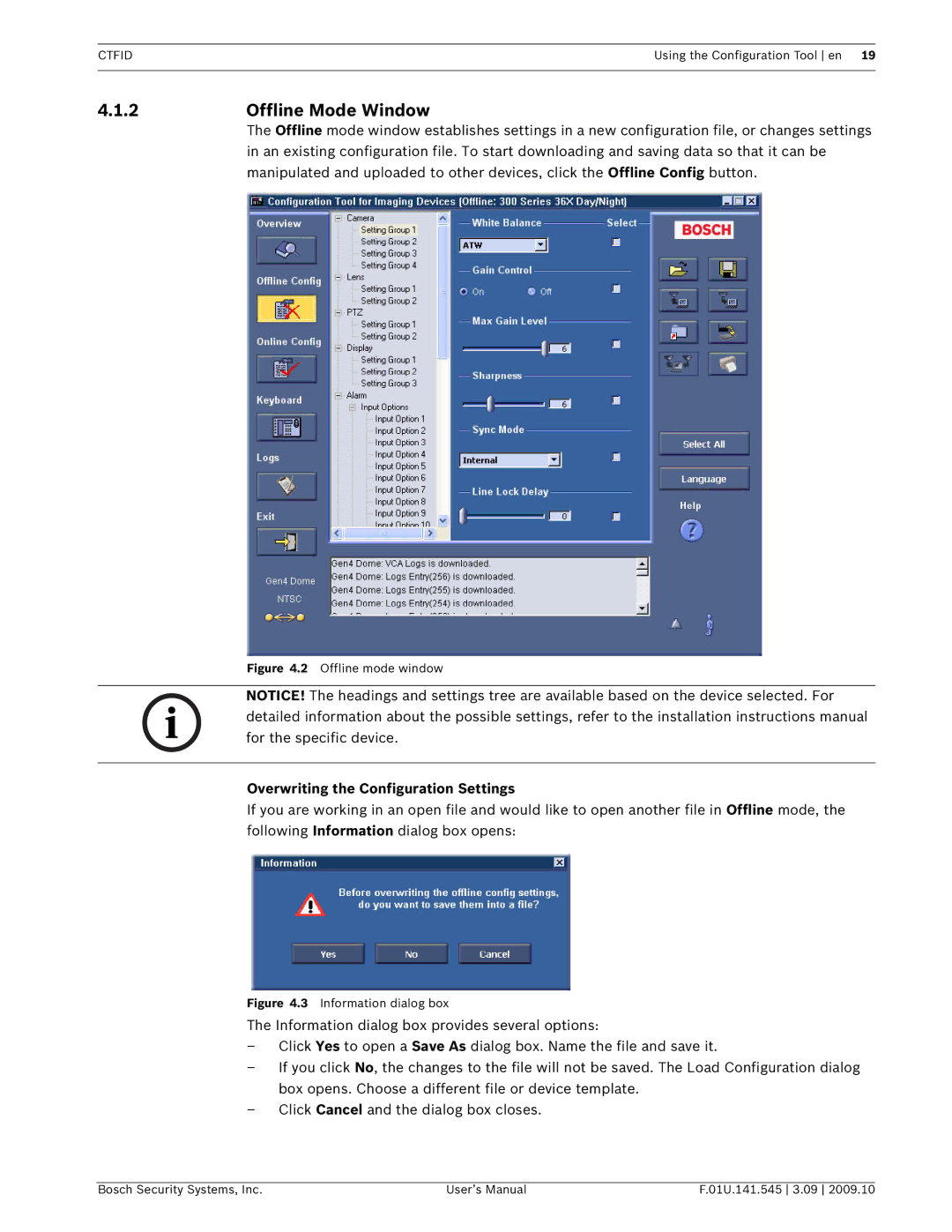 Bosch Appliances VP-CFGSFT user manual 2Offline Mode Window, Overwriting the Configuration Settings 