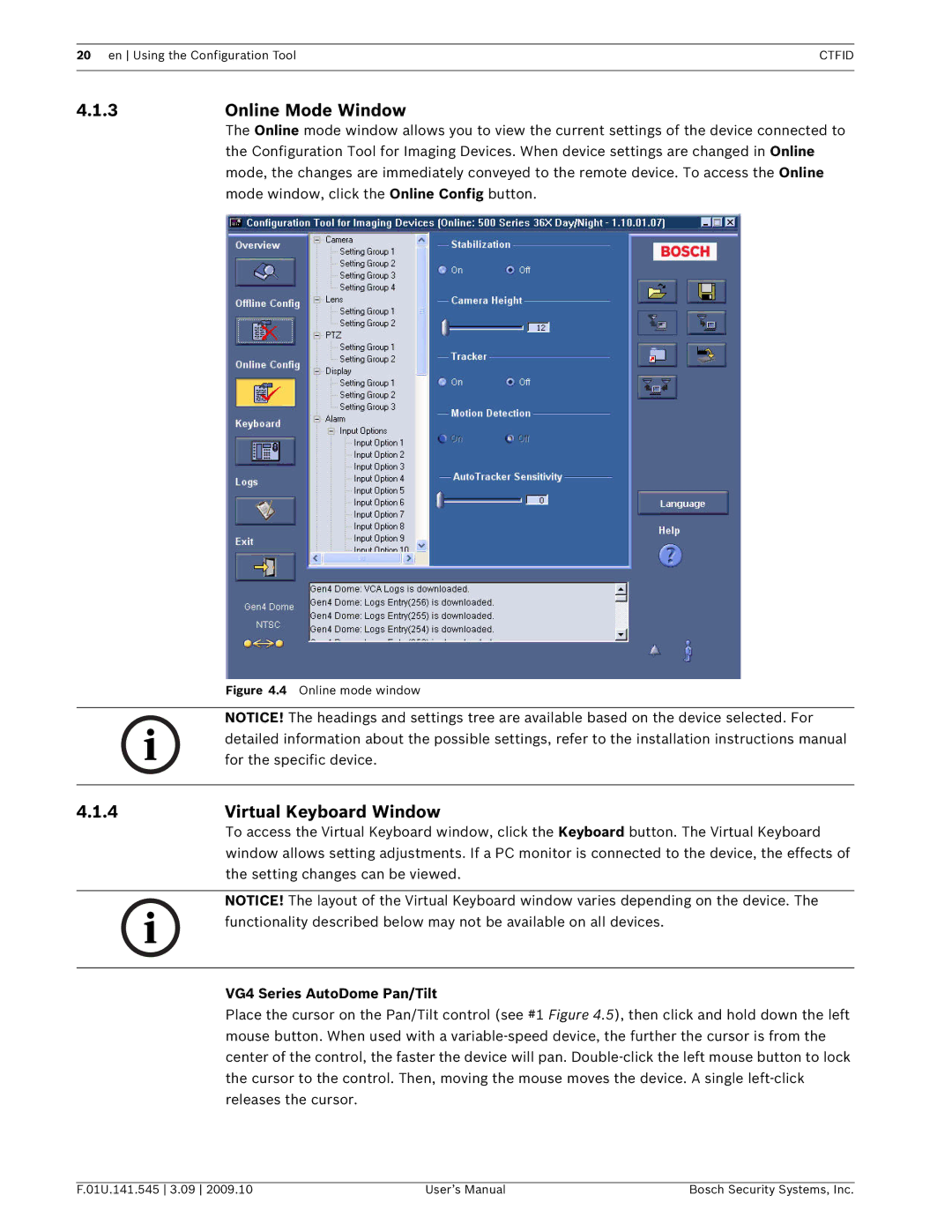 Bosch Appliances VP-CFGSFT user manual 3Online Mode Window, VG4 Series AutoDome Pan/Tilt 