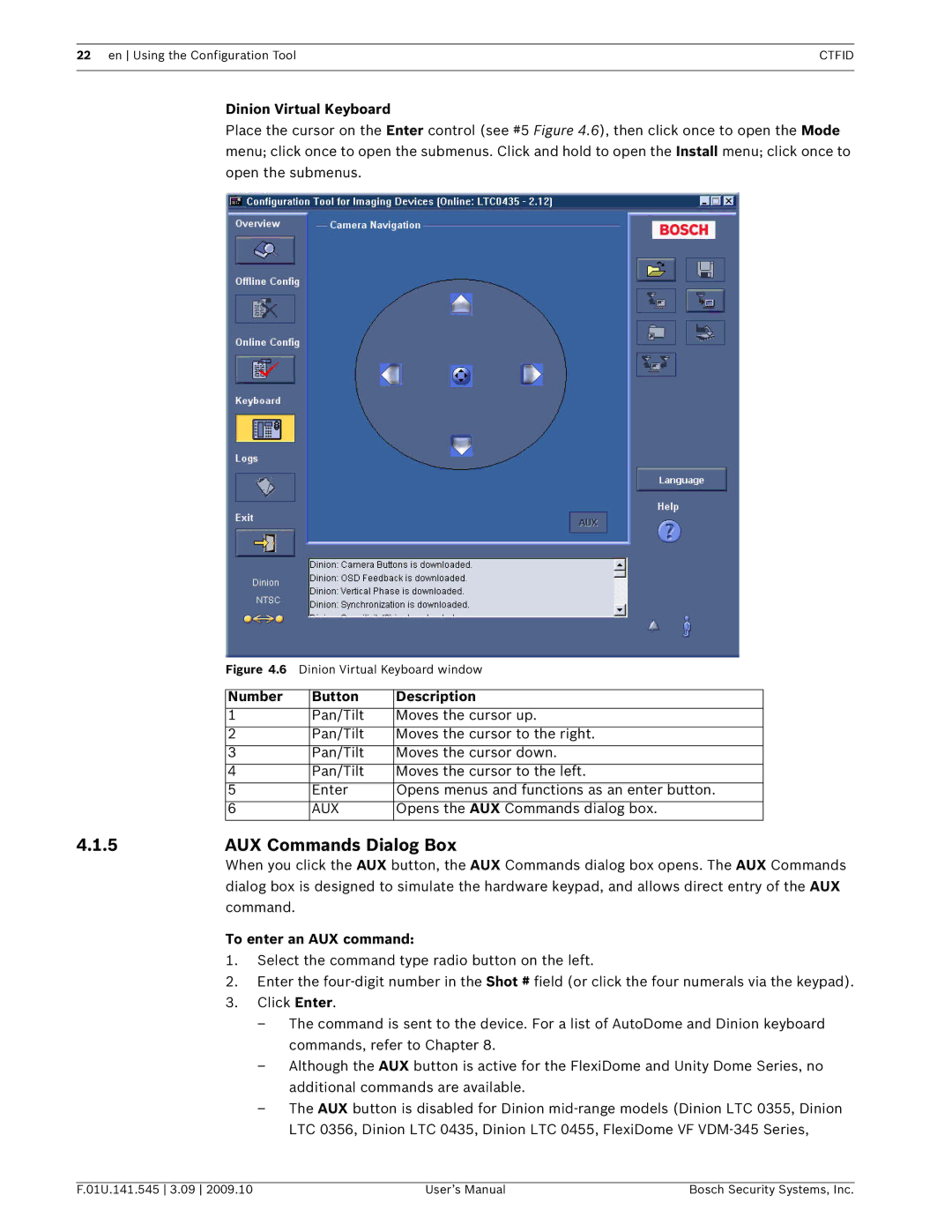 Bosch Appliances VP-CFGSFT user manual Dinion Virtual Keyboard, To enter an AUX command 