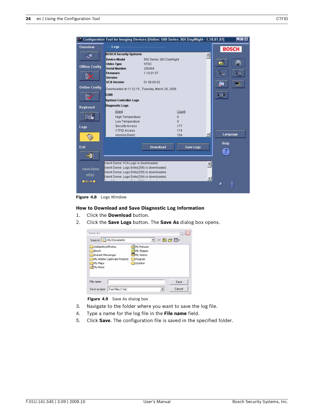 Bosch Appliances VP-CFGSFT user manual How to Download and Save Diagnostic Log Information, Logs Window 