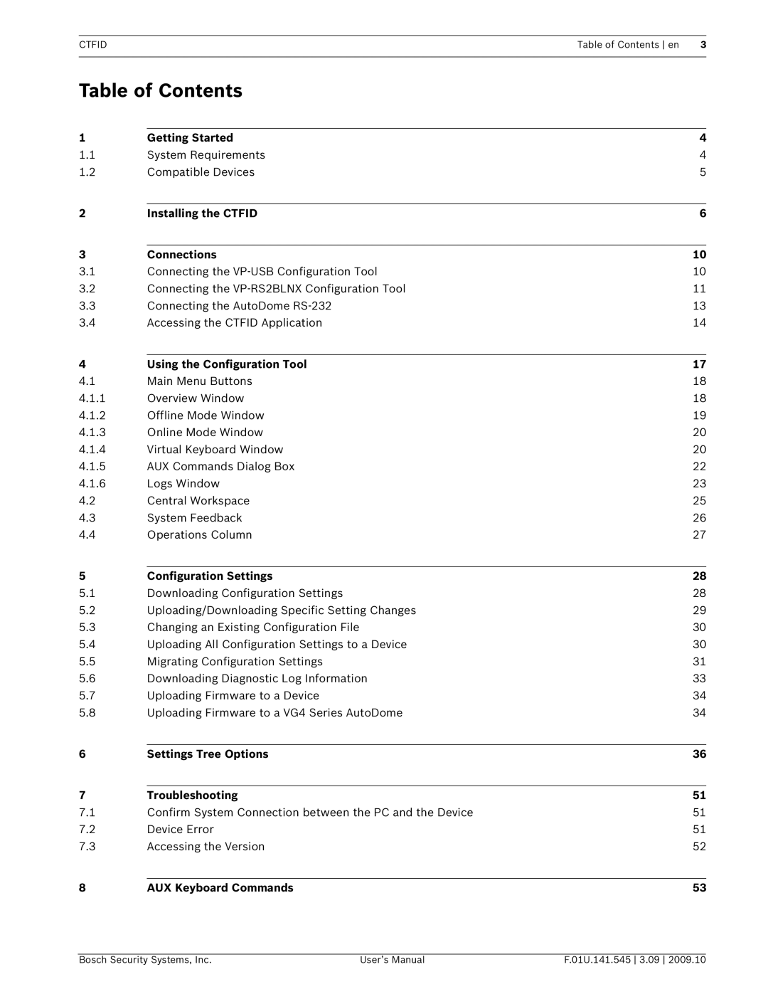 Bosch Appliances VP-CFGSFT user manual Table of Contents 