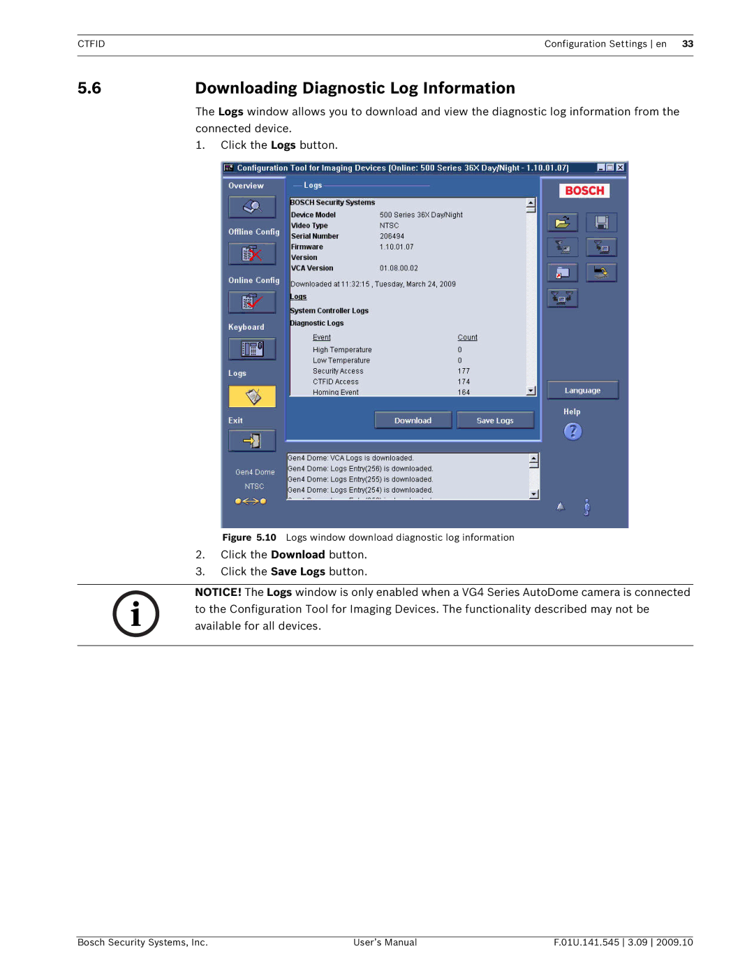 Bosch Appliances VP-CFGSFT Downloading Diagnostic Log Information, Logs window download diagnostic log information 