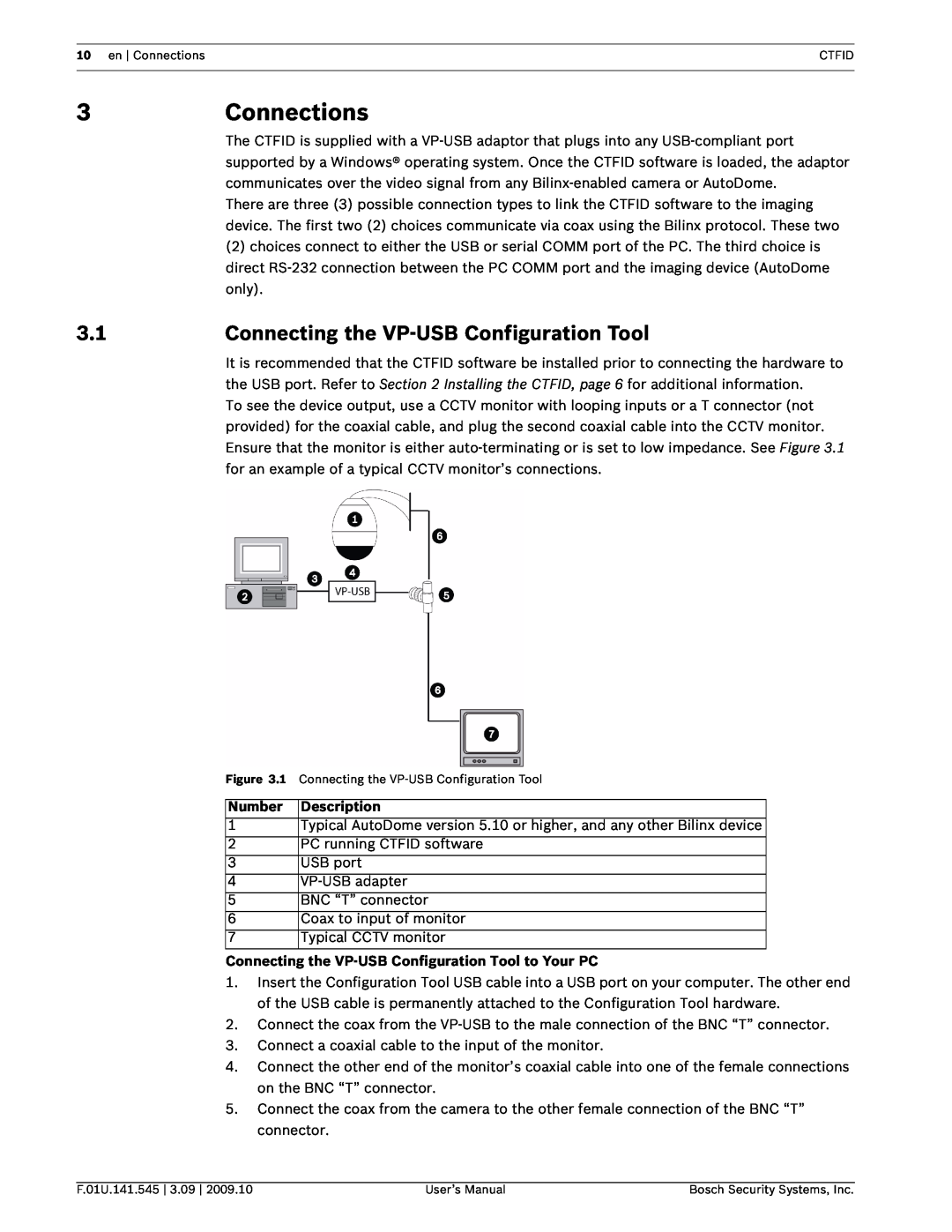 Bosch Appliances VP-CFGSFT user manual 3Connections, 3.1Connecting the VP-USBConfiguration Tool 