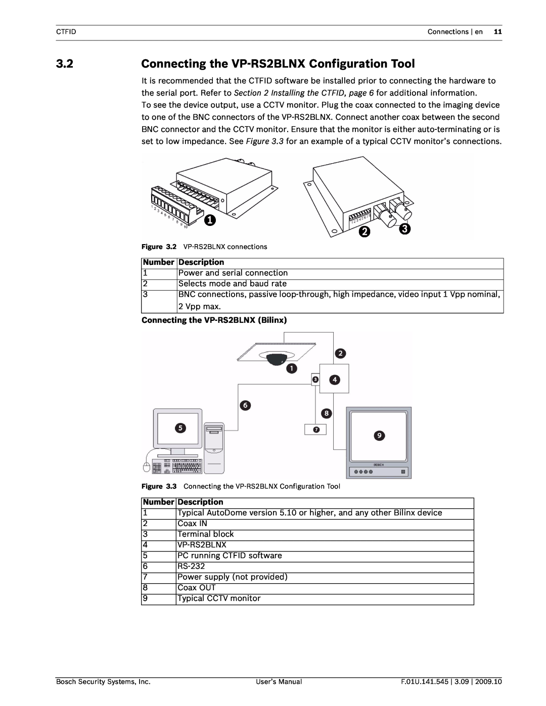 Bosch Appliances VP-CFGSFT user manual 3.2Connecting the VP-RS2BLNXConfiguration Tool, Number Description 