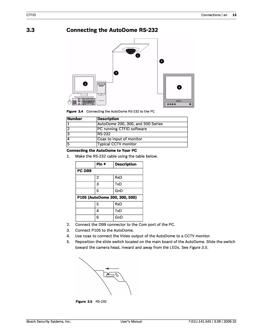 Bosch Appliances VP-CFGSFT Connecting the AutoDome RS-232, Number, Description, Connecting the AutoDome to Your PC, Pin # 
