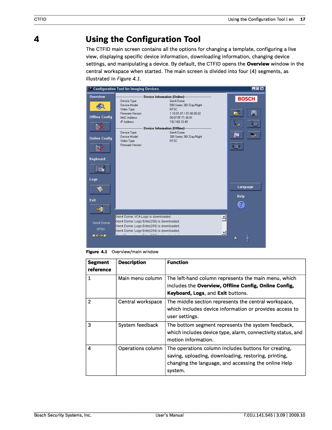 Bosch Appliances VP-CFGSFT user manual 4Using the Configuration Tool, Segment, Description, Function, reference 